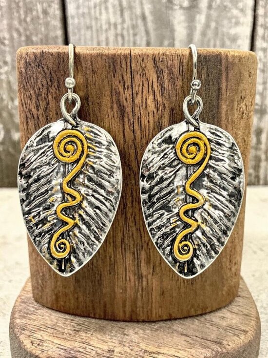 Boutique Jewelry - Antique Silver Leaf Drop Earrings with Gold Swirl